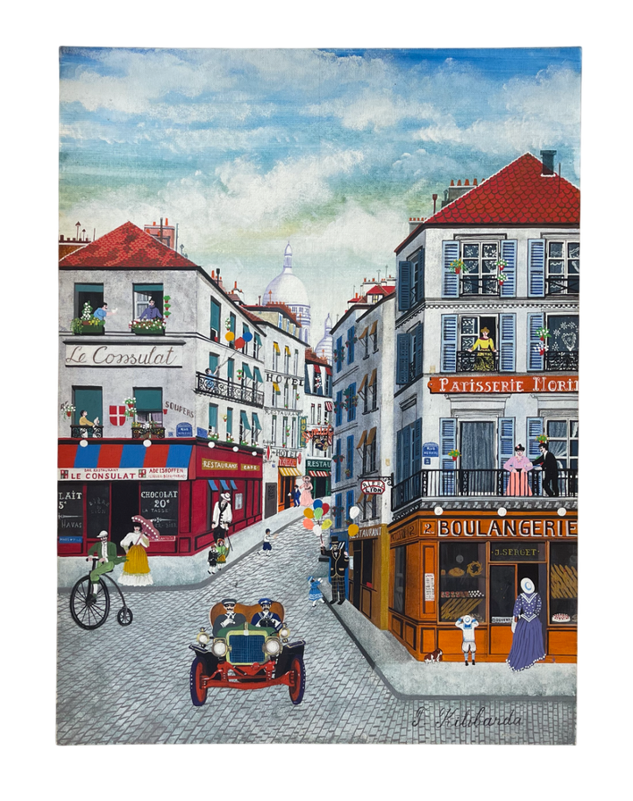 Tatjana Kilibarda’s colorful painting of a lively Montmartre street.