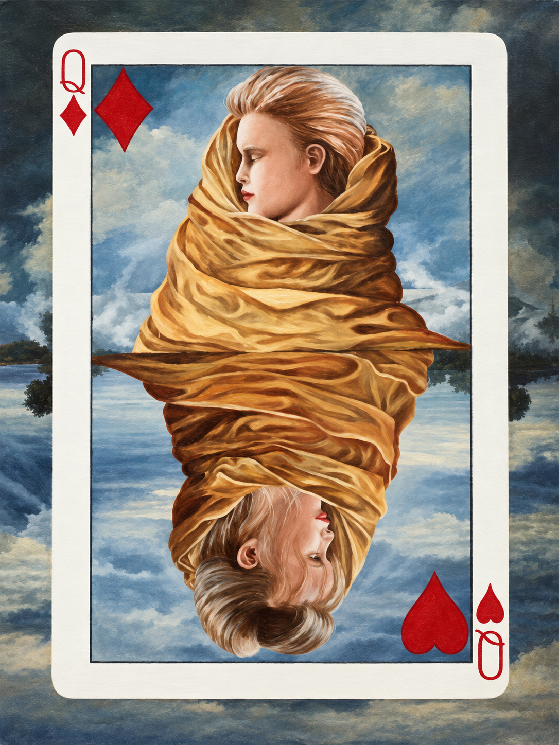 A painted queen playing card showing two women wrapped in gold fabric.