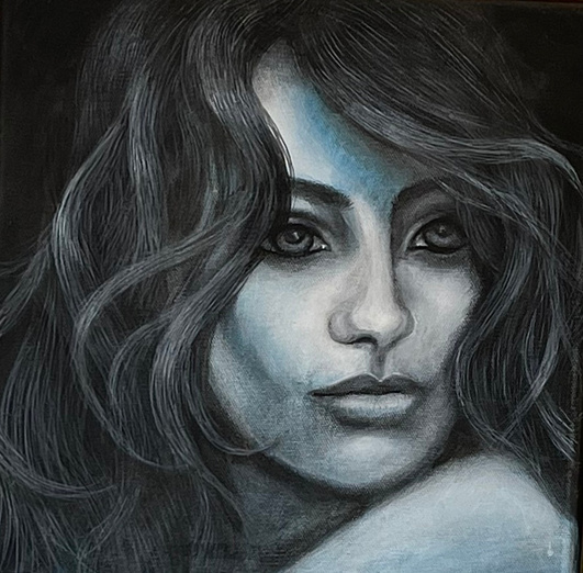 Tatjana Kilibarda’s monochrome portrait painting Their Eyes On Her.